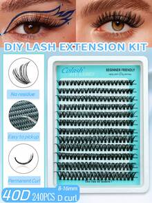 240PCS 40D Curl Individual Lash Clusters Large Capacity Kit Use Raw Materials With A Roughness Of 0.07 D Curl (0.31-0.63inch) DIY Lash Extension Kit, Natural Look & Extra Thick & Wispy & Ultra Soft & Lightweight Reusable Segmented False Eyelashes Perfect For Daily Makeup, Wedding, Party, Festival, Mother's Day,Beginner Friendly Professional DIY Eyelash Extension Set - D - View 1