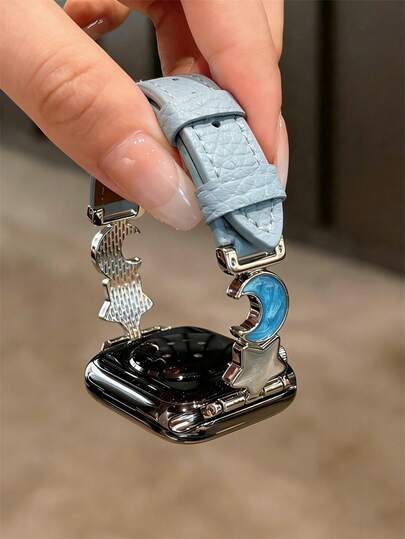 Correa de cuero compatible con Apple Watch con encanto de esmalte de estrella y luna estilo Y2K lindo para mujeres, para Ultra/SE 2/SE 1/Series 11/10/9/8/7/6/5/4/3/2/1, 38/40/41/42/44/45/46/49mm