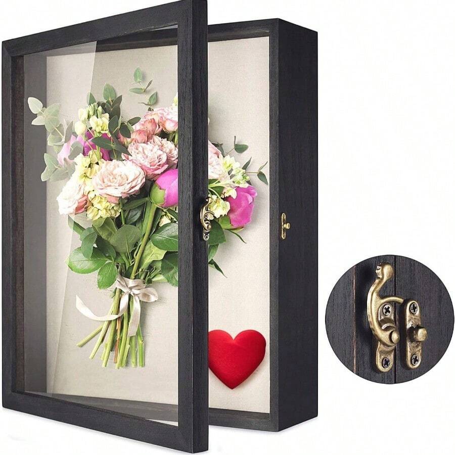 Wandmontierte Aufbewahrungsbox aus Holz für getrocknete Blumen, Retro-Tisch-Pflanzenpräsentationsbox - Schwarz - Übersicht 1
