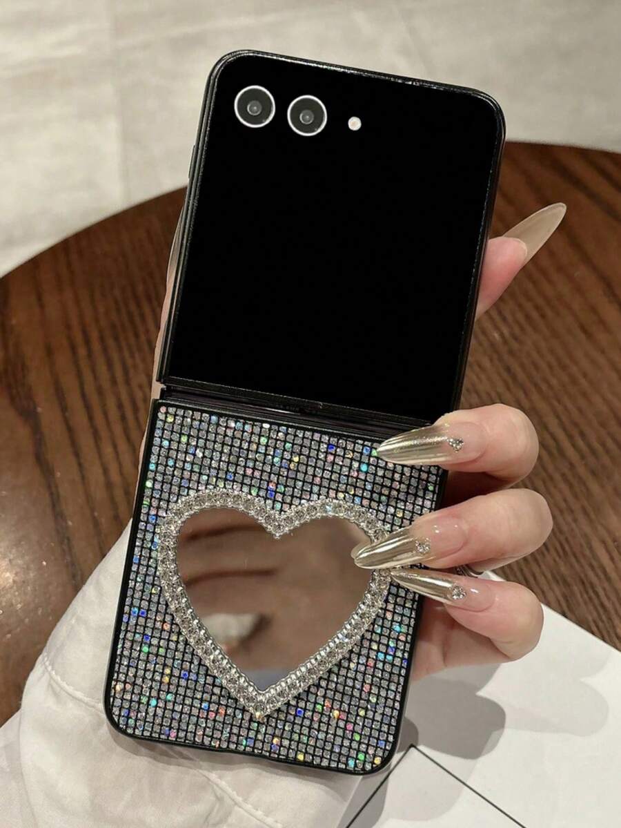 Luxury 3D Rhinestone Heart Mirror Grid Glitter Sequin Phone Case Compatible With Samsung Galaxy Z Flip7 5G Z Flip6 Z Flip 5 Z Flip4 ZFlip 3 Blingbling Shockproof Back Cover