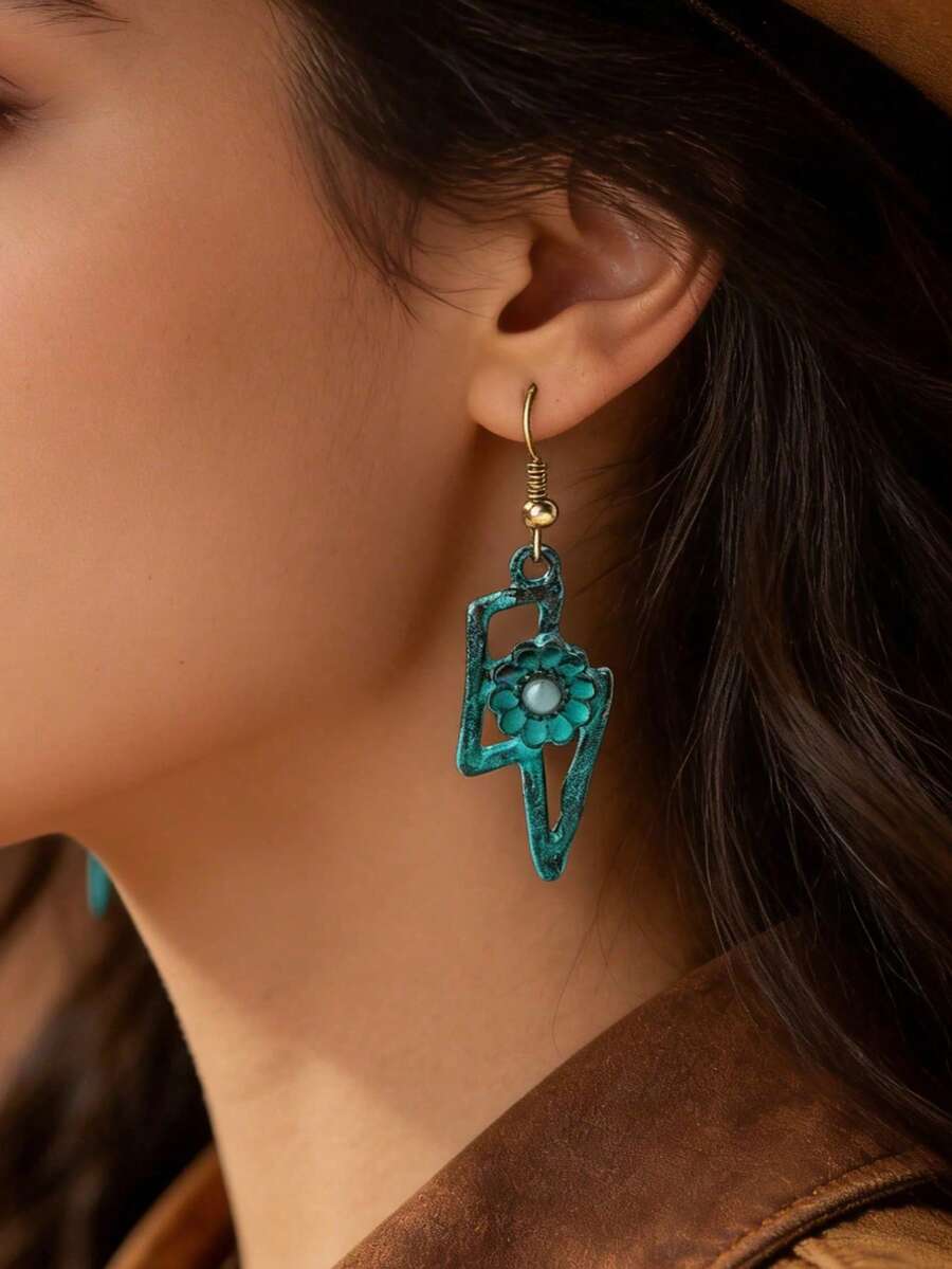 1对复古西部牧场风格农场动物牛和闪电吊坠耳环（女款） - 古青銅色閃電耳環 - 查看 1