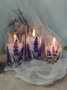 3pcs Flameless Wax Candle Lights With Timer And Remote Control, Battery Powered, , Lavender Floral Print Design, Centerpiece Decor For Wedding, Romantic Proposal, Valentine's Day, Halloween, Christmas, Mother's Day, Birthday Party, Holiday Dinner Table - Lavender - View 6