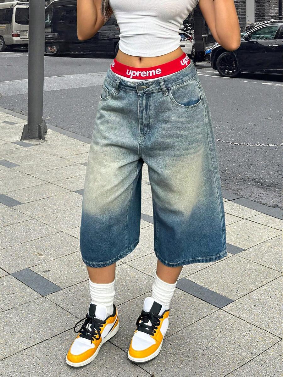 Quần jean Bermuda ống rộng có túi họa tiết râu mèo kiểu vintage Y2K, quần lửng casual, trang phục mùa thu hè. - Màu xanh chuyển sắc - Xem 1