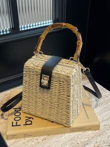 Summer Holiday Handmade Woven Bag, Straw Bamboo Handle Tote Bag For Women, Gift Box Set, Crossbody Bag, Souvenir Gift - Beige - View 3
