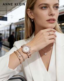 Anne Klein Bộ đồng hồ đeo tay cao cấp đính pha lê dành cho nữ, đồng hồ thạch anh, trang sức quà tặng cho bạn gái, vợ. - Hoa hồng vàng - Xem 6