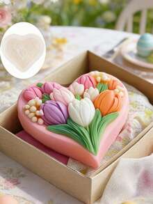 3D心形郁金香花卉硅胶模具，多用途模具，适用于蜡烛、肥皂、石膏和树脂工艺品，适合家居装饰、婚礼和节日DIY礼物、情人节和母亲节礼物 - A - 查看 3