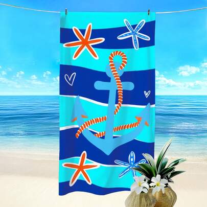1pc Simple Blue Striped Starfish & Anchor Print Beach Towel, Super Absorbent Quick Dry Towel For Swimming, Soft & Lightweight Beach Blanket, Ideal Beach Essential For Beach, Swimming, Outdoor, Travel