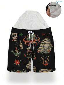 万圣节男士夏季夏威夷休闲度假抽绳腰侧口袋速干双层网眼内衬短裤，复古骷髅锚图案3D印花，时尚休闲沙滩泳裤 - 黑色 - 查看 2