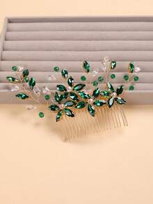 1pc Bestselling Green Crystal & Rhinestone Hair Comb, Golden Rhinestone Bridal Hair Accessory - Green - View 5