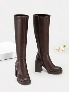 Athlefit Women's Stretch Knee High Boots - Platform Chunky Heel Square Toe Side Zip - 棕色 - 查看 3
