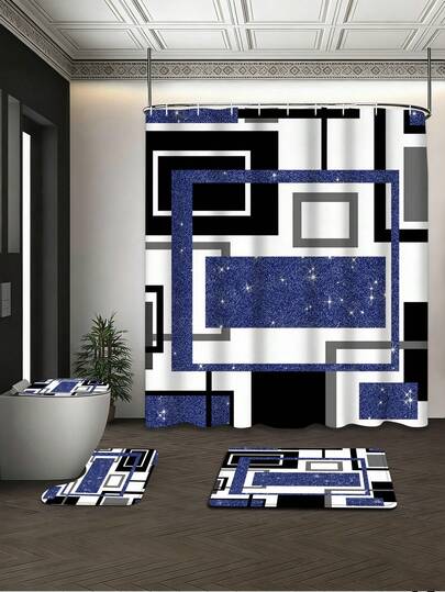 四件套现代闪亮钻石风蓝黑灰几何方块闪亮粉末印花浴室套装，配有防水耐磨绑带和12个挂钩，包含浴帘/马桶盖/浴垫/地毯。涤纶面料可水洗且防霉，适合现代/轻奢/家居装饰/节日装饰，以及家居/卧室/住宅/西式/春季装饰。