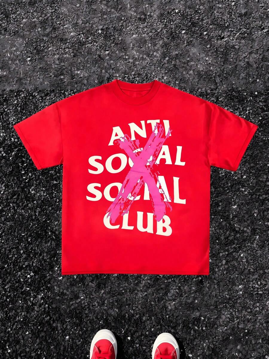 1pcs Anti Social Club X Print TShirt, Streetwear Inspired 100% Cotton TShirt Men's Graphic TShirt Summer TShirt Perfect Gift - Red - View 1