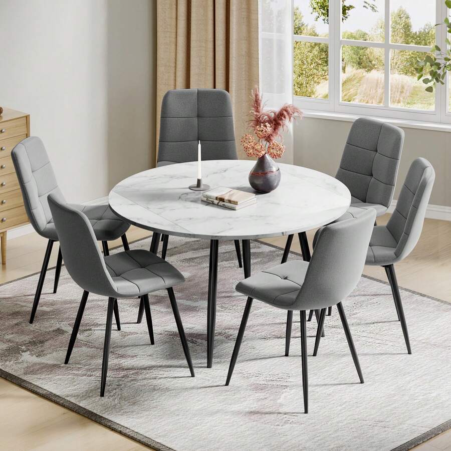 Dining Table And Chairs Set Of 4, Extendable Round Table Concrete Effect Folding Table With Upholstered Linen Chairs For Dining Room,Kitchen - Mesa decorativa de mármol + silla de lino gris - Ver 1