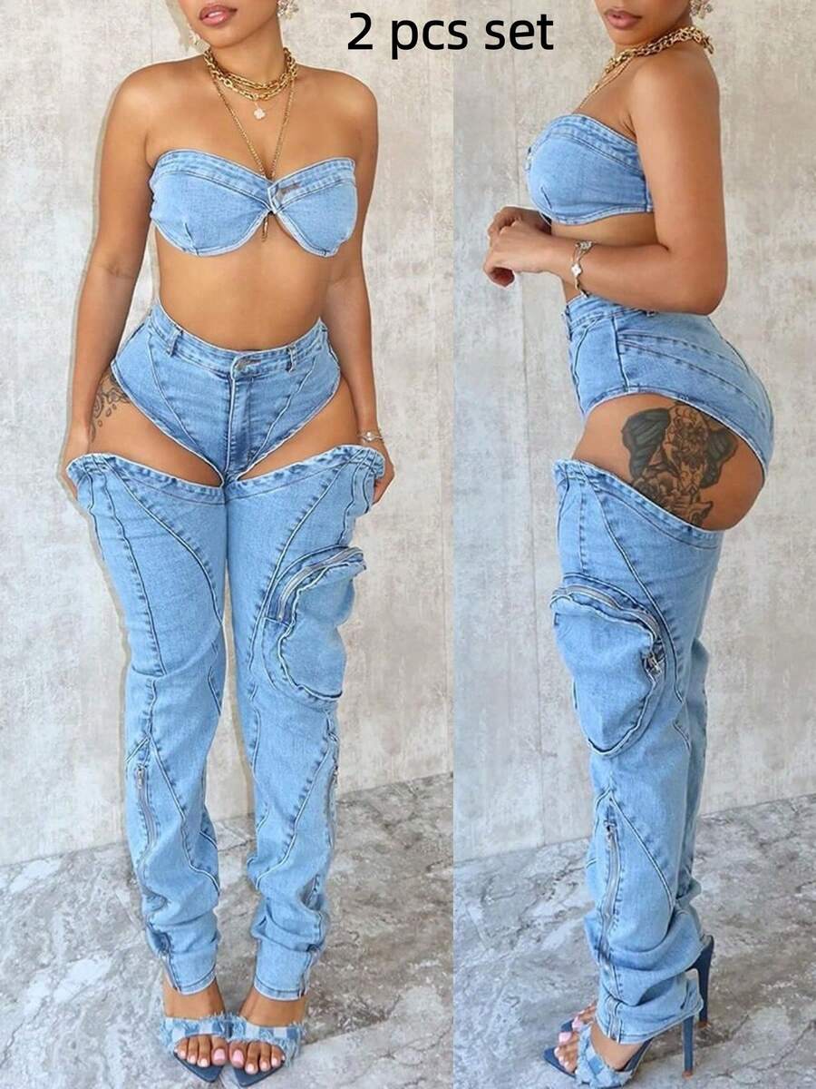 Women's Sexy Denim Bandeau & Cutout Cargo Jeans 2 Piece Set | Strapless High Waist Zi Detail, Ideal For Party & Street Style - 藍色 - 查看 1