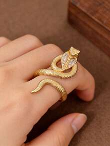 1枚时尚复古风18K镀金/镀铂金蛇形戒指，镶嵌合成锆石，造型威严优雅，男女皆宜。象征好运、财富和吉祥。适合日常佩戴。 - 靈蛇 - 查看 2