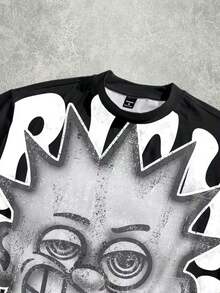 Manfinity Roghcode Men's Oversized Distressed Funny Diamond Teeth Tattoo Big Face Allover Print Cropped Loose T-Shirt (High Quality) - Black 4 - View 2