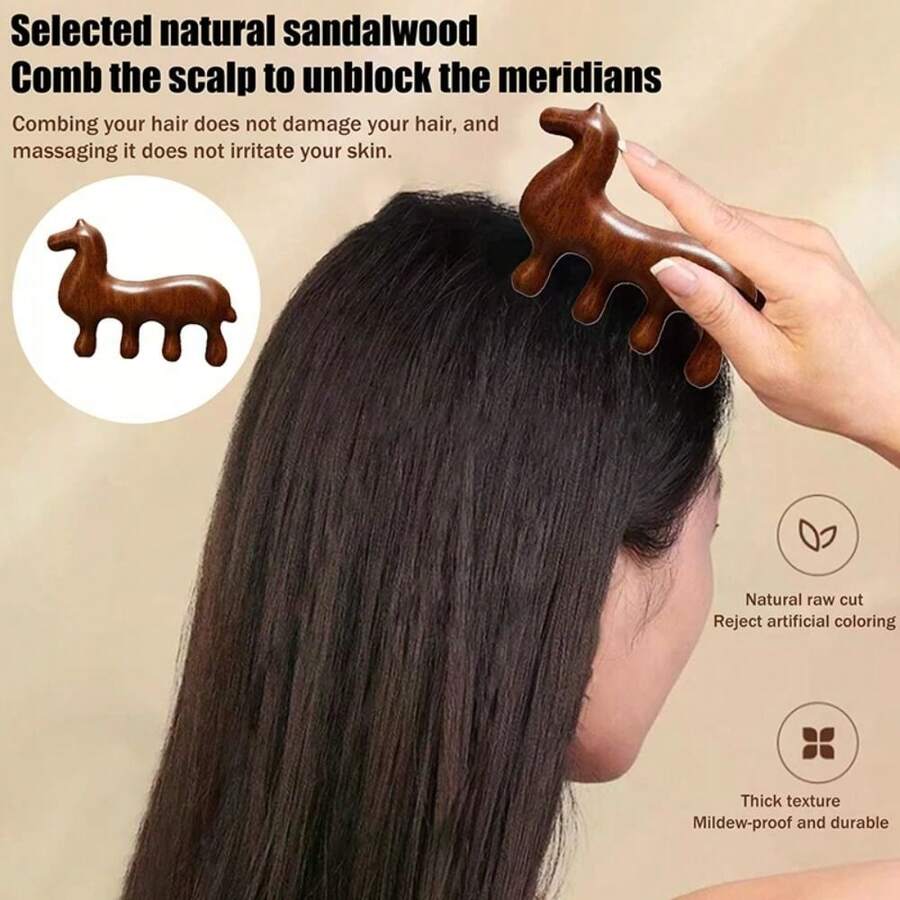 Massage Comb, Sandalwood Zodiac Horse Scalp Point Massage Brush, New Coarse Tooth Anti-Static Help Blood Circulation Guasha Point Comb Therapy - Multicolor - View 1