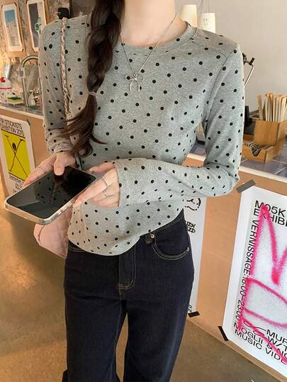 新款春季女士针织简约优雅波点圆领长袖T恤