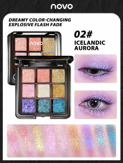 NOVO 9色变色龙眼影盘，含水钻、珠光闪粉和高光，质地细腻，适合Y2K时尚，魅力十足，是生日、情人节礼物、狂欢节派对、音乐会、聚会等场合的理想之选。