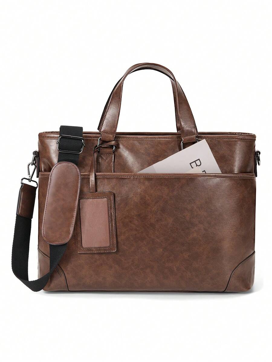 Men's Business Bag, Tote Briefcase With Large Capacity, 15.6-Inch Laptop Bag, Compatible With A4 And B4, Dual-Purpose Design, Job Application Bag, Men's Recruitment Bag, Leather, Waterproof, Briefcase With Shoulder Strap, Commuting Bag, Travel Bag, Brown/Navy - Multicolor - View 1