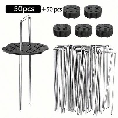 50 grapas para tela de jardinería + 50 discos de fijación, estacas resistentes para jardín y barrera contra malezas.