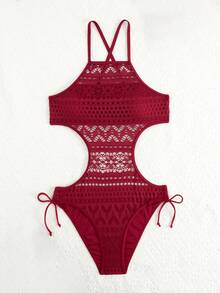 2025新款夏季蕾丝连体泳衣，波西米亚风收腰性感显瘦度假装，女士泳装，海滩度假必备 - 酒紅色 - 查看 5