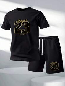 Men's Regular Fit Short Sleeve T-Shirt And Shorts Set, Personality Print Pattern Fashion Casual Outgoing Outfit, Pocket Design Elastic Waist Drawstring Pants, Suitable For Basketball, Fishing, Outdoor Sports, Great Gift For Husband Or Boyfriend,T-Shirt And Shorts Set, Two Piece Set, Casual Set, Summer Outfit, Lounge Set, Short Sleeve Set, Cotton Set, Mens Set,Matching Set, Sport Set, Tracksuit Set, Comfort Set, Daily Outfit, Lounge Wear,Casual Wear,Cotton T-Shirt, Casual Tee, Short Sleeve, Crew Neck, Vintage Tee, Fashion T-Shirt, Loose Fit, Regular Fit,Shorts, Casual Shorts, Summer Shorts, Cotton Shorts, Athletic Shorts, Gym Shorts, Lounge Shorts, Beach Shorts,Daily Shorts,Basketball Outfit - A pair of black shorts - 查看 2