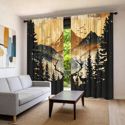 2pcs Set, Blackout Curtains With Rod Pocket - Forest Animal & Landscape Digital Print Curtains, Suitable For Living Room, Bedroom, Home Decor - Woven, Machine Washable, UV-Resistant Curtains (Rods Not Included)