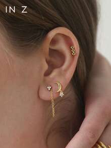 IN Z 1件925纯银镶嵌星月吊坠平底唇钉 | 精致耳钉 | 可叠戴耳环 | 星月耳环 | 925纯银饰品 | 适合女性日常佩戴 | 单件出售（非一对） - 多色 - 查看 7