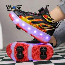 YAOSF品牌LED发光轮滑鞋，高级LED轮滑鞋，升级版，适合儿童和青少年，发光鞋带，可伸缩轮子，滑板鞋，时尚灯光，休闲步行鞋 - 紅色 - 查看 2