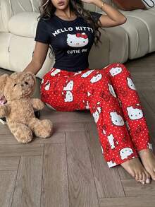 SANRIO 两件套女士印花睡衣套装，柔软短袖T恤和长裤，可爱舒适的家居服 - 黑色 - 查看 1
