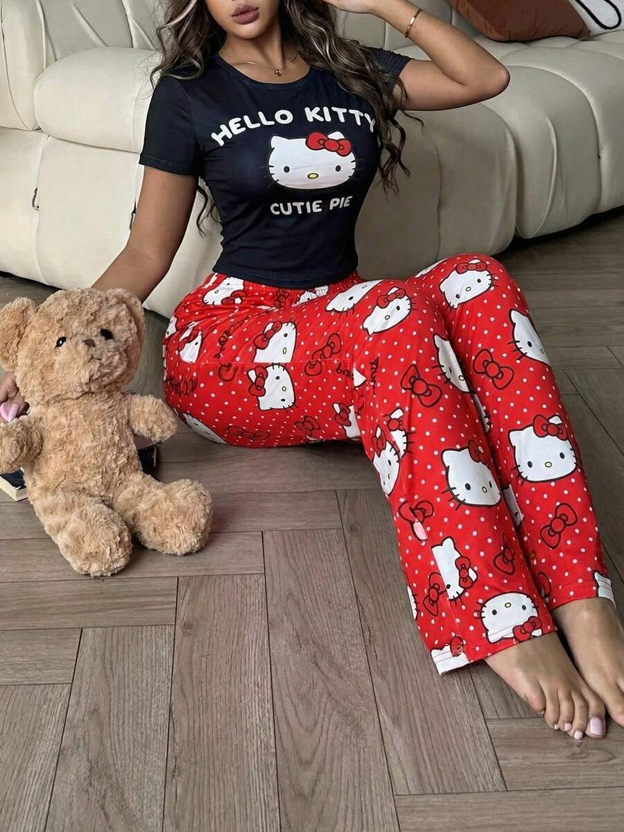 SANRIO 两件套女士印花睡衣套装,柔软短袖T恤和长裤,可爱舒适的家居服 - 黑色 - 查看 1