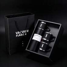 500ml Stainless Steel Vacuum Insulated Bottle Gift Set With 2 Cups, 12H Hot/24H Cold, Leak-Proof, Ideal Gift For Men & Women - 黑色高級禮盒 - 查看 3