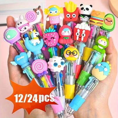 12/24pcs Multicolor Cute Fun Ballpoint Pens, 4-Color Ink Ballpoint Pen Set, Suitable For Party Gifts, Classroom Rewards, Birthday Gifts - Colorful Stationery, Cute Design, Ideal School And Office Supplies