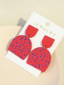 1 Pair Girls' Blue Dotted & Red Ceramic Texture Acrylic Earrings, Stylish Design - Multicolor - View 3