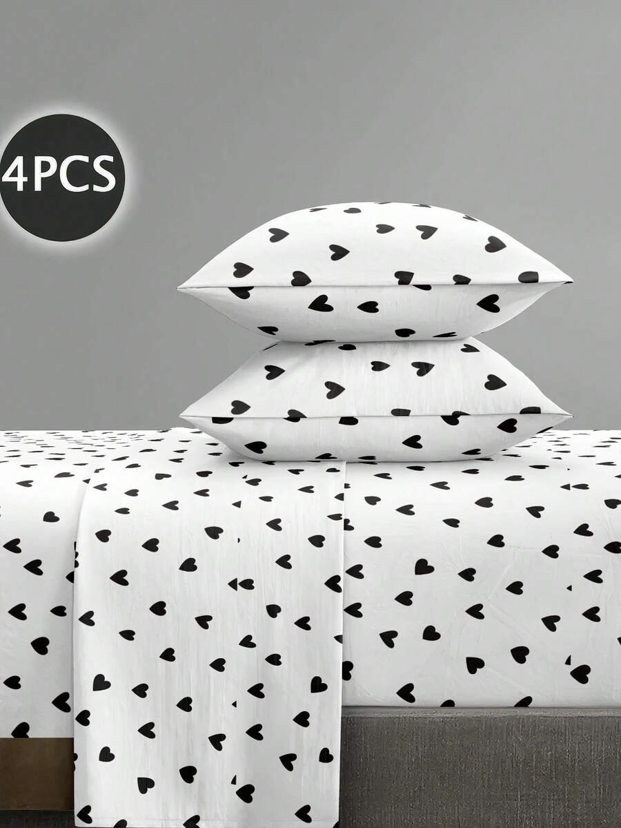 Bộ ga trải giường 4 món màu đen trắng họa tiết trái tim, gồm 1 ga trải giường có chun, 1 ga phủ và 2 vỏ gối (không bao gồm ruột gối). Bộ ga trải giường cao cấp cỡ King, Queen, Full, Twin, có độ sâu túi lên đến 11.8 inch, vỏ gối mềm mại, thoáng khí, không nhăn, giúp ngủ ngon hơn, phong cách khách sạn sang trọng, quà tặng cho bố mẹ và bạn bè. - trắng - Xem 1