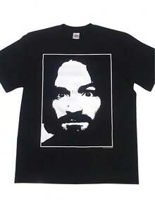 Charles Manson T-Shirt Hand Screen Printed Heavy Cotton Band Tee - Black - View 1