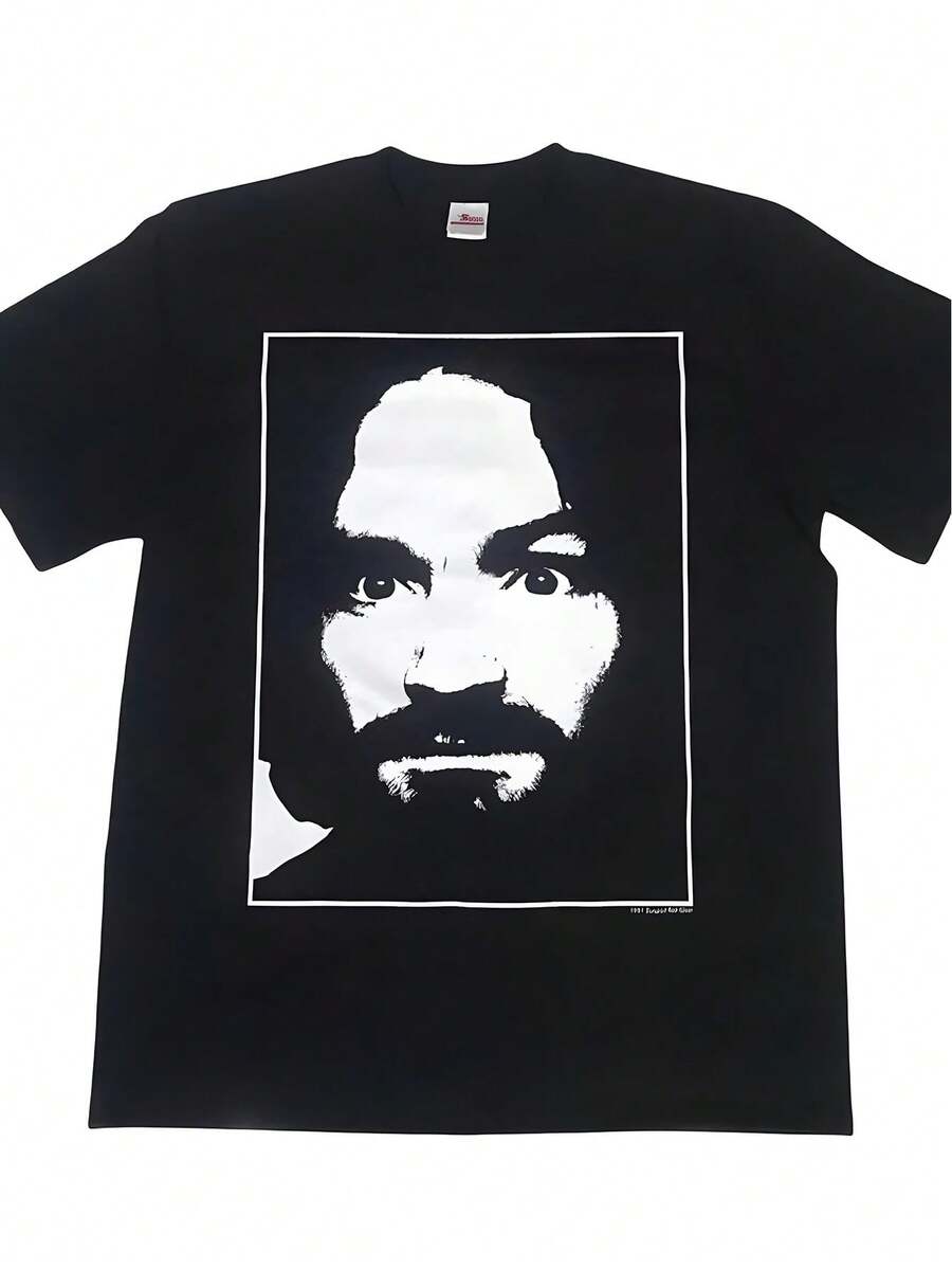 Charles Manson T-Shirt Hand Screen Printed Heavy Cotton Band Tee - Black - View 1