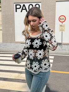 French Retro Hollow Out Knit Cover Up Women, Black & White Large Floral, Flare Sleeve, Sun Protection Cover Up For Summer Beach Vacation Spring - Black and White - View 6