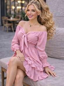 SHORT DRESS WITH LONG SLEEVES AND SPRING, COUNTRY STYLE, DOUBLE Ruffle, CEY FABRIC. MOD. ELSIE - Pink - View 3