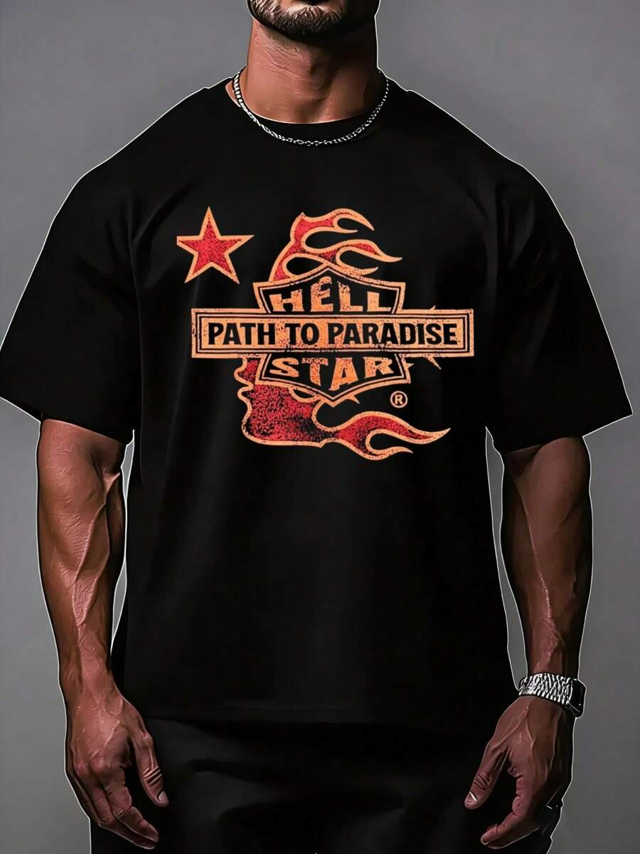 Hellstars Path To Paradise Flame Head Y2K Graphic T-Shirt,220g 100% Cotton,Round Neck Short Sleeve,Black Streetwear Essential For Summer Going Out,Unisex Style - Black - View 1