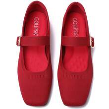 Knit Flats For Women Square Toe Slip On Casual Ballet Flats With Adjustable Strap Soft Foldable Mary Jane Shoes For Dressy Office Work Daily - 紅色 - 查看 5