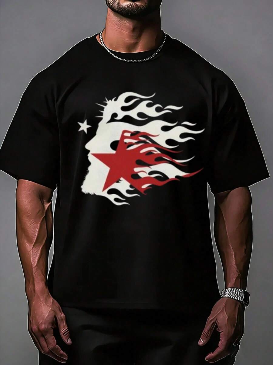 Hellstars Flame Head Star Logo Y2K Graphic T-Shirt,220g 100% Cotton,Round Neck Short Sleeve,Black Streetwear Essential For Summer Going Out,Unisex Style - Black - View 1