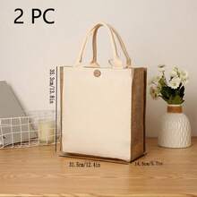 1 pieza Bolsa de almuerzo de dos tonos, bolsa de almuerzo con decoración de botón de tela minimalista para exteriores y vacaciones - Beis - Ver 6
