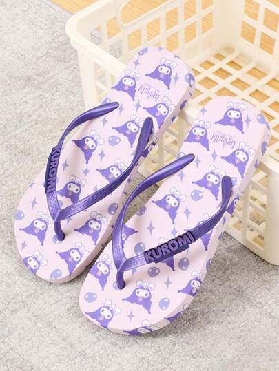 SANRIO Dép quai ngang họa tiết bánh quế và dép lê, dép xỏ ngón mùa xuân/hè, dép xỏ ngón đế bằng mũi tròn, họa tiết hoạt hình dễ thương, giày đi biển trong nhà/ngoài trời.