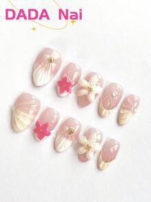 10片纯手工制作的按压式美甲贴片，杏仁形，渐变设计，法式设计，立体花朵设计。简约白色美甲，酷炫风格，甜美风格，卡通风格，Y2K优雅奢华风格，滴胶设计，简约风格，清新假日风格美甲。春季美甲，夏季美甲，可爱甜美的款式适合日常美甲、假日美甲，女性可在旅行、派对、约会、职场等场合佩戴。 - 彩色 - 查看 3