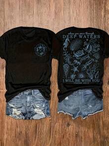 1pcs Plus Size Women's Top,Christian-Themed Printed Round-Neck T-Shirt Featuring Marine Animals, A Casual Short-Sleeve Top For Women'S Vacation Wear-Vintage Street Style Unisex Loose Cotton Short Sleeve Crew Neck T-Shirt - 黑色 - 查看 1