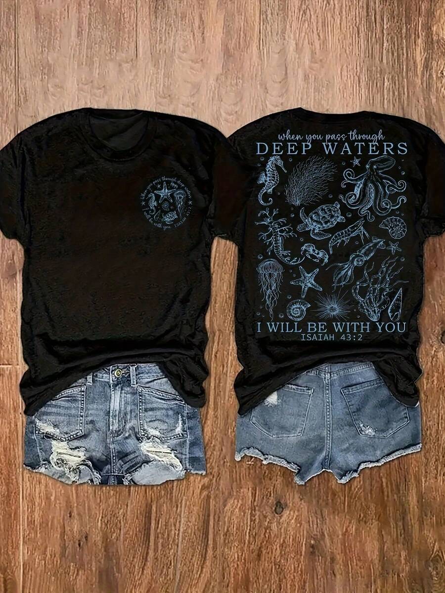 1pcs Plus Size Women's Top,Christian-Themed Printed Round-Neck T-Shirt Featuring Marine Animals, A Casual Short-Sleeve Top For Women'S Vacation Wear-Vintage Street Style Unisex Loose Cotton Short Sleeve Crew Neck T-Shirt - 黑色 - 查看 1