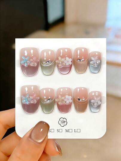 10 Pieces Of Handcrafted Almond-Shaped Press-On False Nails, Featuring Multi-Colored 3D Pinched Flower Nail Accessories, Nail Gems, Small White Pearls, And Pink Gradient Finish. These Beautiful Fake Nails Are Reusable, Easy To Apply And Remove, Serving As Elegant Nail Decorations. Suitable For Girls And Women For Daily Wear, Parties, Weddings, And Holiday Manicures. Comes With Nail Supplies Like Jelly Glue And Nail File.