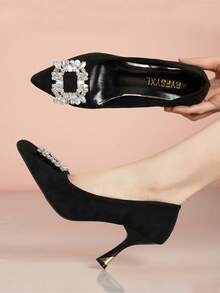 Giày cao gót mũi nhọn, hở gót, chất liệu da lộn màu đen cao cấp đính đá lấp lánh dành cho nữ, kiểu dáng gợi cảm, thích hợp cho tiệc tùng, đi club, đám cưới, công sở và sử dụng hàng ngày, chiều cao gót 8.5cm. - màu đen - Xem 5